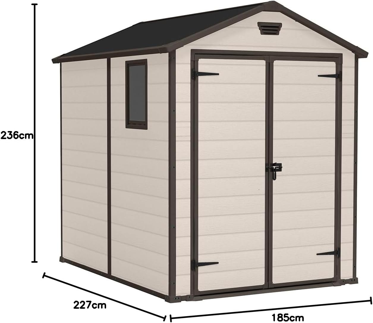 Keter Manor Outdoor Apex Double Door Garden Storage Shed 6 x 8ft Beige Brown Wood effect | Fade Free | All Weather Resistant | Safe and Secure | Zero Maintenance | 15 year Warranty