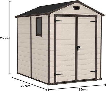 Keter Manor Outdoor Apex Double Door Garden Storage Shed 6 x 8ft Beige Brown Wood effect | Fade Free | All Weather Resistant | Safe and Secure | Zero Maintenance | 15 year Warranty