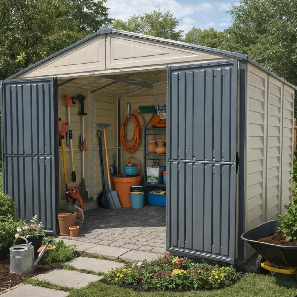 Duramax WoodBridge II PLUS 10.5 x 8 (8.02 m2) Plastic Garden Shed with Metal Foundation Kit and 2 Fixed Window, Strong Metal Roof Structure and Maintenance-Free Storage Shed, Dark Grey/Adobe