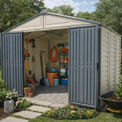 Duramax WoodBridge II PLUS 10.5 x 8 (8.02 m2) Plastic Garden Shed with Metal Foundation Kit and 2 Fixed Window, Strong Metal Roof Structure and Maintenance-Free Storage Shed, Dark Grey/Adobe