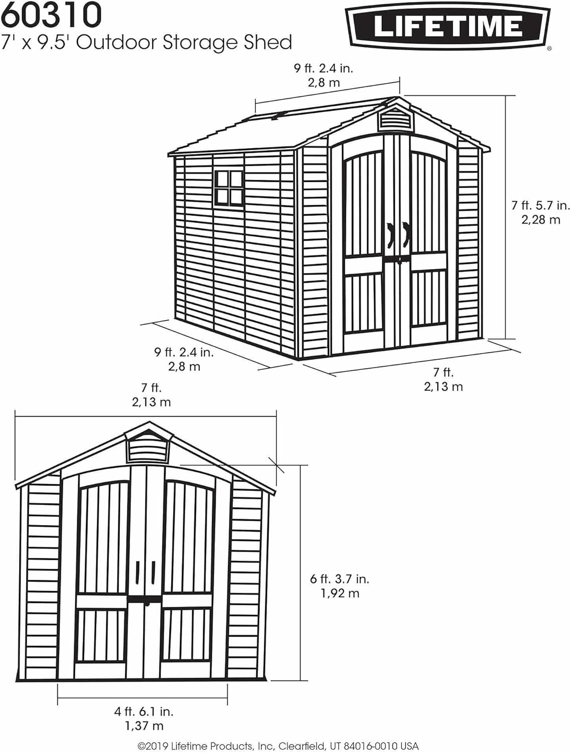 Lifetime 60310 Garden Storage Shed, 7 x 9.5 ft (213 x 289 cm), High-Density Polyethylene (HDPE), Steel-Reinforced Apex Roof, Tan
