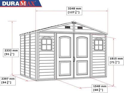 Duramax WoodSide 10 x 8 (8.02 m2) Plastic Garden Shed with 3 Fixed Windows & Metal Foundation Kit, Strong Metal Roof Structure Fire Retardant and Maintenance-Free Storage Shed - Ivory/Brown