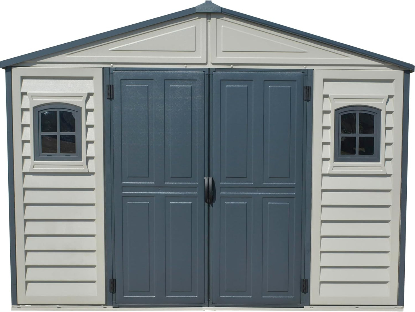 Duramax WoodBridge II PLUS 10.5 x 8 (8.02 m2) Plastic Garden Shed with Metal Foundation Kit and 2 Fixed Window, Strong Metal Roof Structure and Maintenance-Free Storage Shed, Dark Grey/Adobe