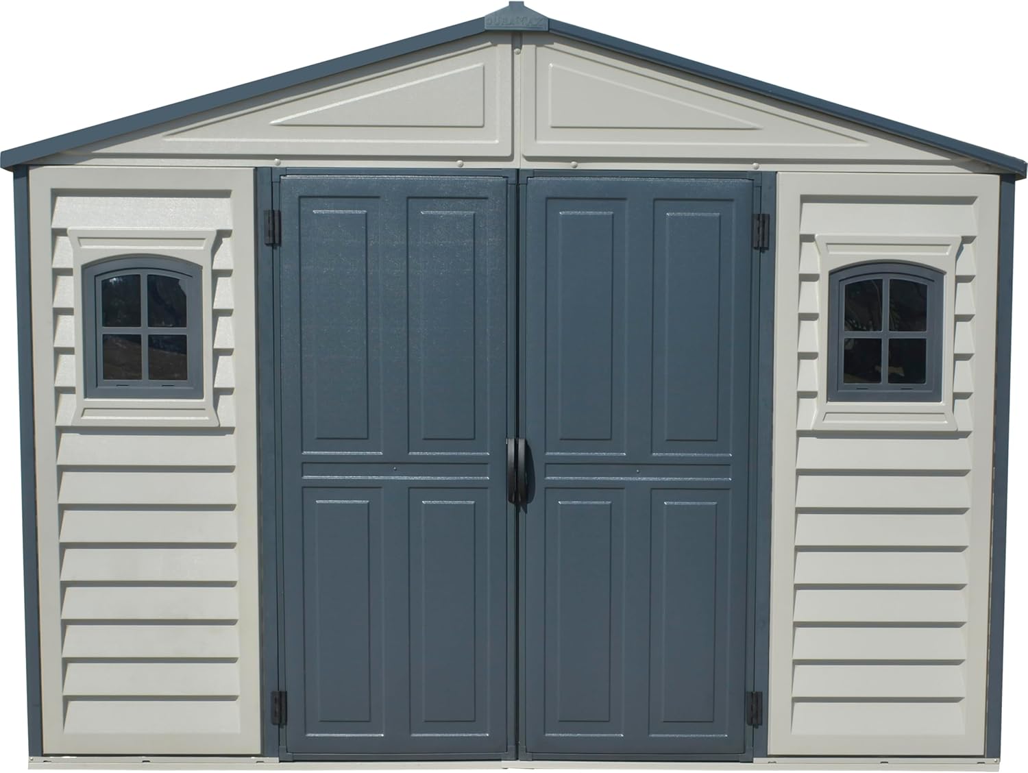Duramax WoodBridge II PLUS 10.5 x 8 (8.02 m2) Plastic Garden Shed with Metal Foundation Kit and 2 Fixed Window, Strong Metal Roof Structure and Maintenance-Free Storage Shed, Dark Grey/Adobe