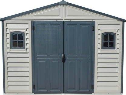 Duramax WoodBridge II PLUS 10.5 x 8 (8.02 m2) Plastic Garden Shed with Metal Foundation Kit and 2 Fixed Window, Strong Metal Roof Structure and Maintenance-Free Storage Shed, Dark Grey/Adobe