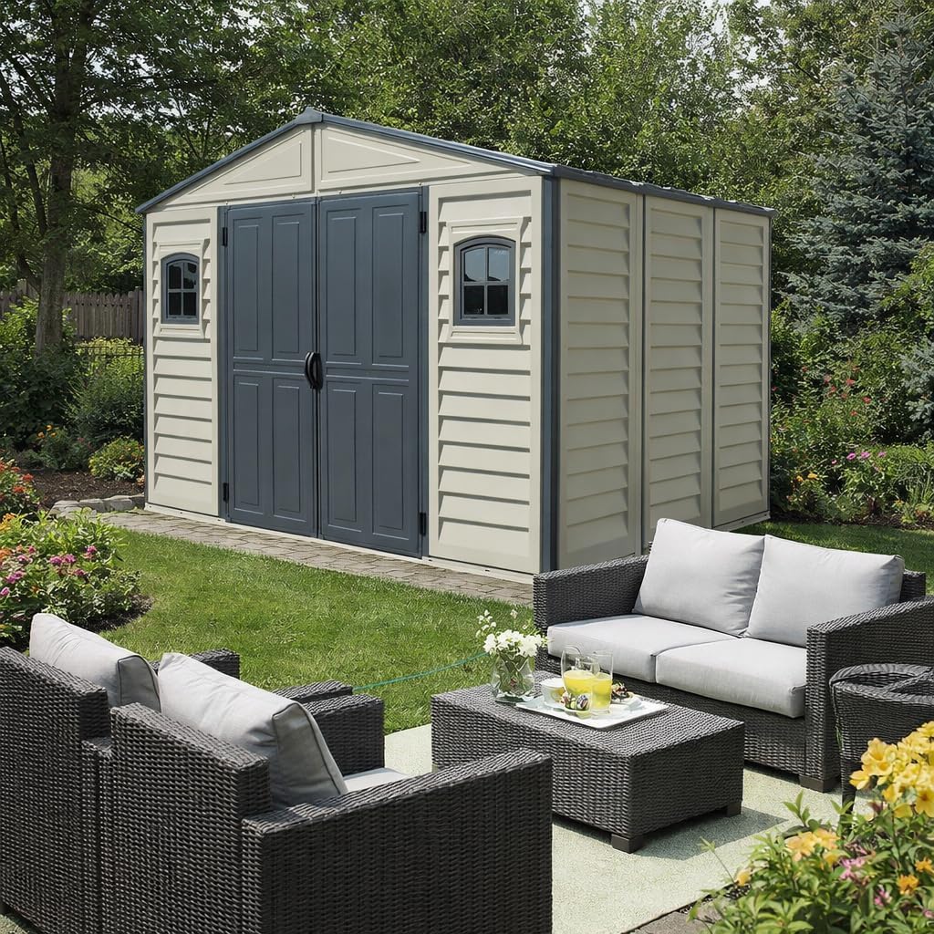 Duramax WoodBridge II PLUS 10.5 x 8 (8.02 m2) Plastic Garden Shed with Metal Foundation Kit and 2 Fixed Window, Strong Metal Roof Structure and Maintenance-Free Storage Shed, Dark Grey/Adobe