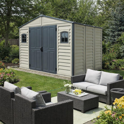 Duramax WoodBridge II PLUS 10.5 x 8 (8.02 m2) Plastic Garden Shed with Metal Foundation Kit and 2 Fixed Window, Strong Metal Roof Structure and Maintenance-Free Storage Shed, Dark Grey/Adobe