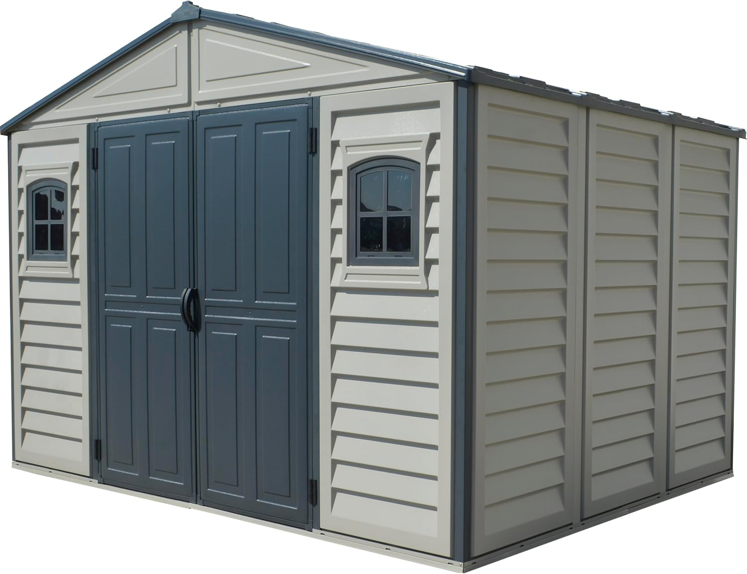 Duramax WoodBridge II PLUS 10.5 x 8 (8.02 m2) Plastic Garden Shed with Metal Foundation Kit and 2 Fixed Window, Strong Metal Roof Structure and Maintenance-Free Storage Shed, Dark Grey/Adobe