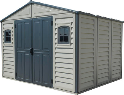 Duramax WoodBridge II PLUS 10.5 x 8 (8.02 m2) Plastic Garden Shed with Metal Foundation Kit and 2 Fixed Window, Strong Metal Roof Structure and Maintenance-Free Storage Shed, Dark Grey/Adobe