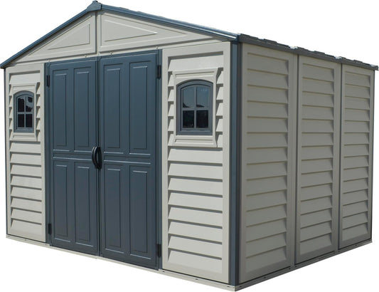 Duramax WoodBridge II PLUS 10.5 x 8 (8.02 m2) Plastic Garden Shed with Metal Foundation Kit and 2 Fixed Window, Strong Metal Roof Structure and Maintenance-Free Storage Shed, Dark Grey/Adobe