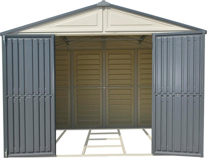 Duramax WoodBridge II PLUS 10.5 x 8 (8.02 m2) Plastic Garden Shed with Metal Foundation Kit and 2 Fixed Window, Strong Metal Roof Structure and Maintenance-Free Storage Shed, Dark Grey/Adobe