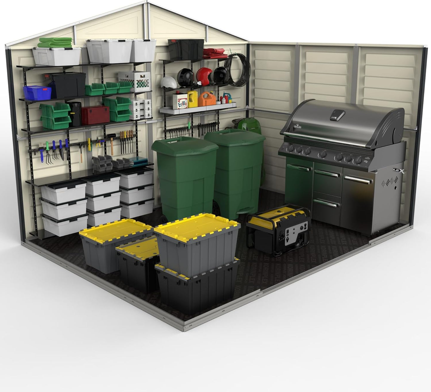Duramax WoodBridge II PLUS 10.5 x 8 (8.02 m2) Plastic Garden Shed with Metal Foundation Kit and 2 Fixed Window, Strong Metal Roof Structure and Maintenance-Free Storage Shed, Dark Grey/Adobe