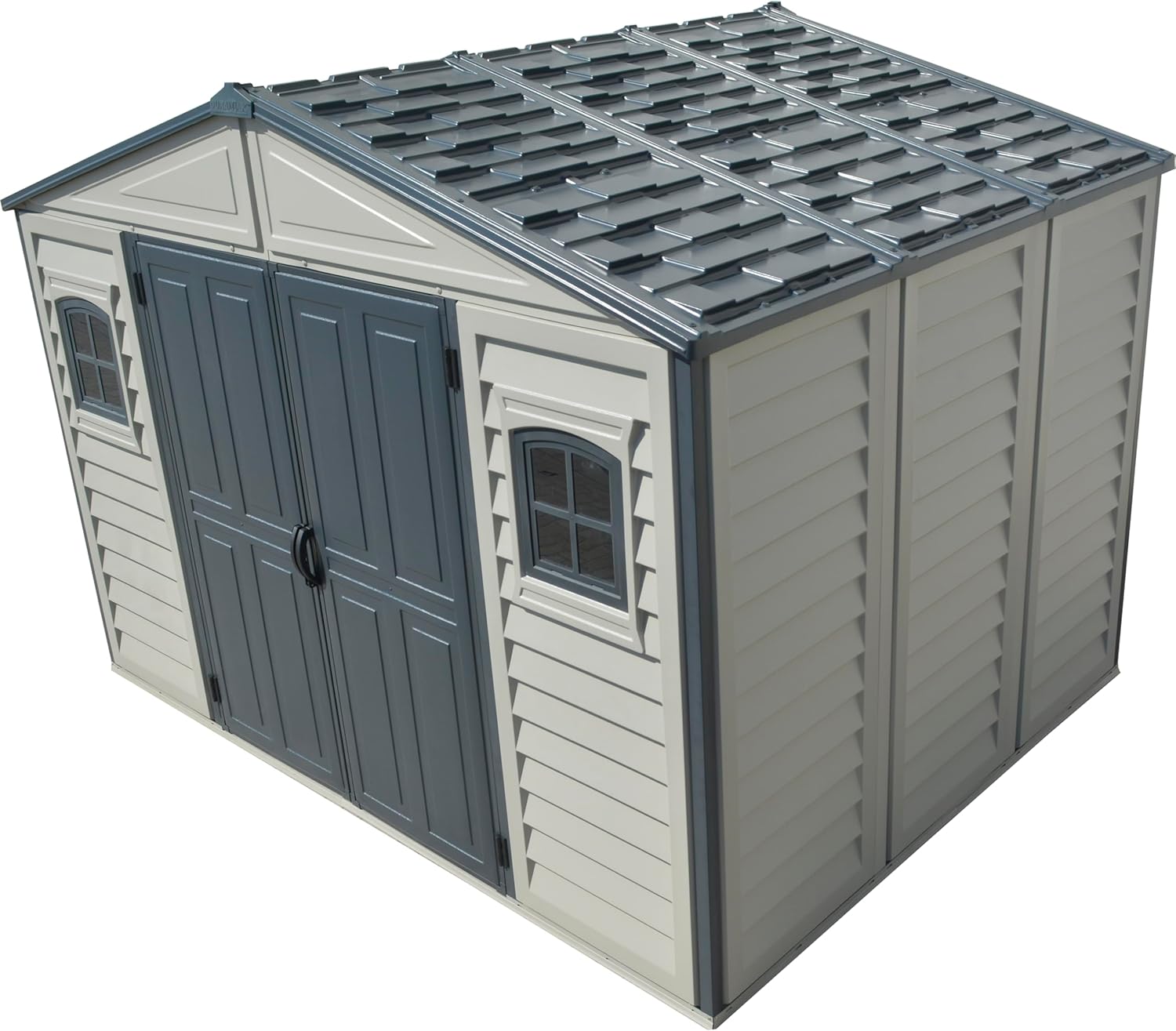 Duramax WoodBridge II PLUS 10.5 x 8 (8.02 m2) Plastic Garden Shed with Metal Foundation Kit and 2 Fixed Window, Strong Metal Roof Structure and Maintenance-Free Storage Shed, Dark Grey/Adobe