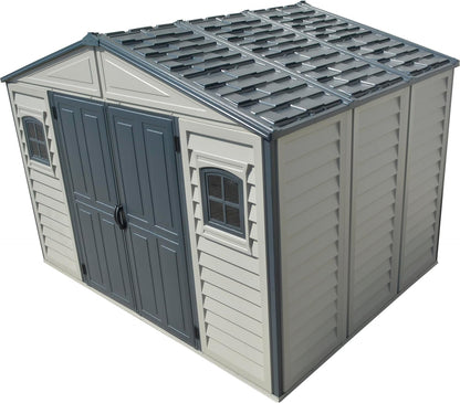 Duramax WoodBridge II PLUS 10.5 x 8 (8.02 m2) Plastic Garden Shed with Metal Foundation Kit and 2 Fixed Window, Strong Metal Roof Structure and Maintenance-Free Storage Shed, Dark Grey/Adobe
