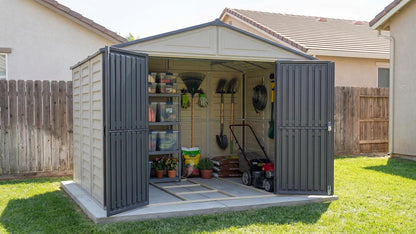 Duramax WoodBridge II PLUS 10.5 x 8 (8.02 m2) Plastic Garden Shed with Metal Foundation Kit and 2 Fixed Window, Strong Metal Roof Structure and Maintenance-Free Storage Shed, Dark Grey/Adobe