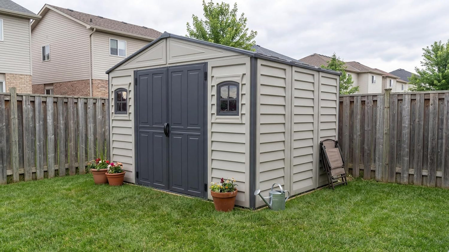 Duramax WoodBridge II PLUS 10.5 x 8 (8.02 m2) Plastic Garden Shed with Metal Foundation Kit and 2 Fixed Window, Strong Metal Roof Structure and Maintenance-Free Storage Shed, Dark Grey/Adobe