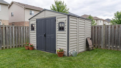 Duramax WoodBridge II PLUS 10.5 x 8 (8.02 m2) Plastic Garden Shed with Metal Foundation Kit and 2 Fixed Window, Strong Metal Roof Structure and Maintenance-Free Storage Shed, Dark Grey/Adobe