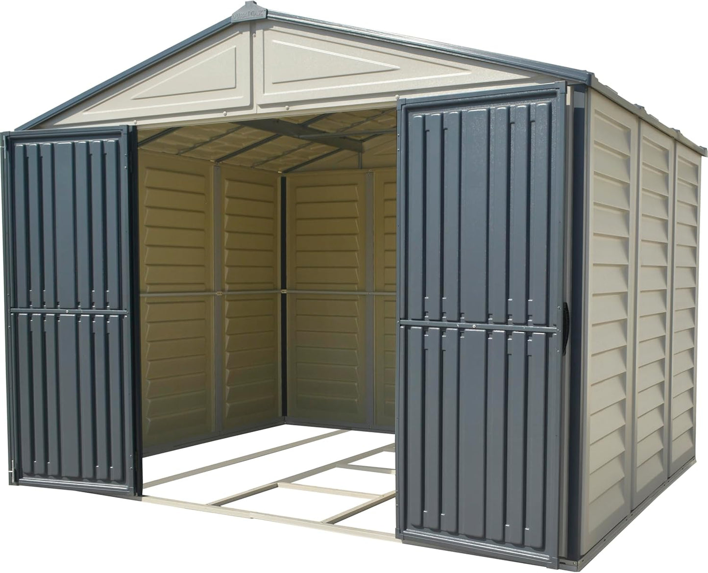Duramax WoodBridge II PLUS 10.5 x 8 (8.02 m2) Plastic Garden Shed with Metal Foundation Kit and 2 Fixed Window, Strong Metal Roof Structure and Maintenance-Free Storage Shed, Dark Grey/Adobe