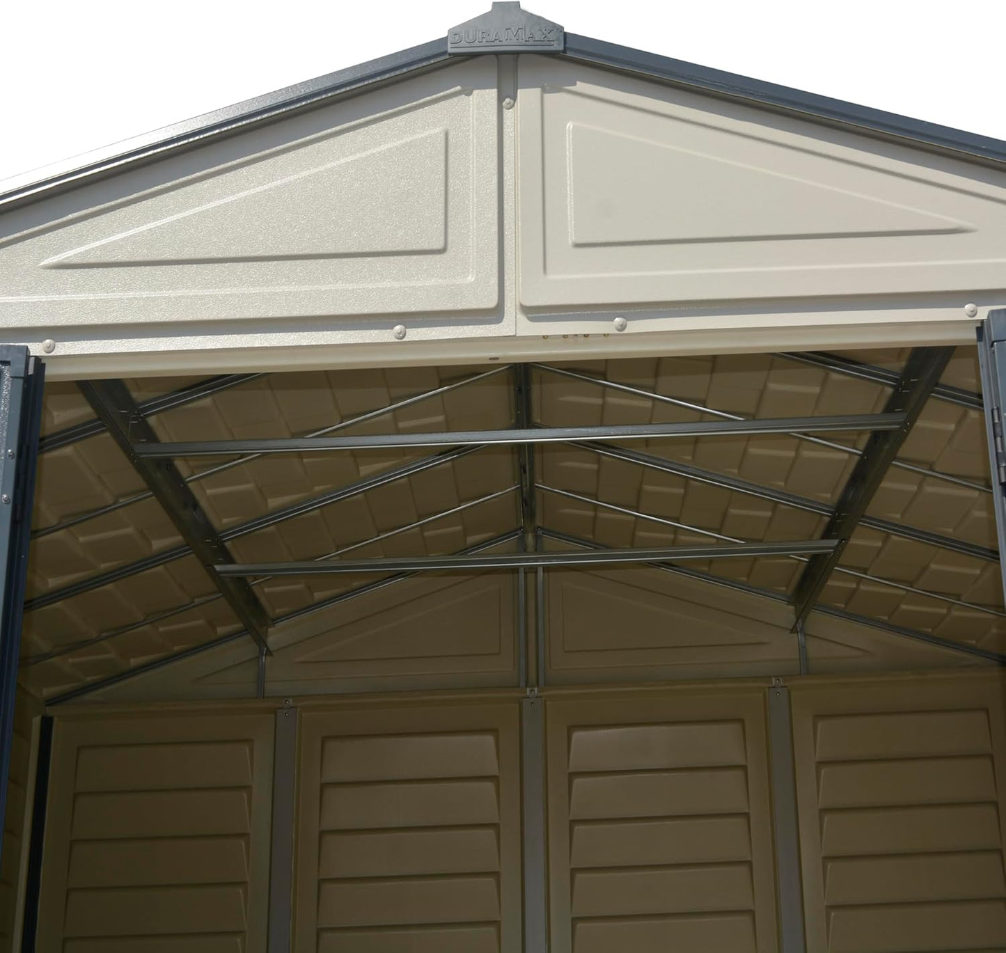 Duramax WoodBridge II PLUS 10.5 x 8 (8.02 m2) Plastic Garden Shed with Metal Foundation Kit and 2 Fixed Window, Strong Metal Roof Structure and Maintenance-Free Storage Shed, Dark Grey/Adobe