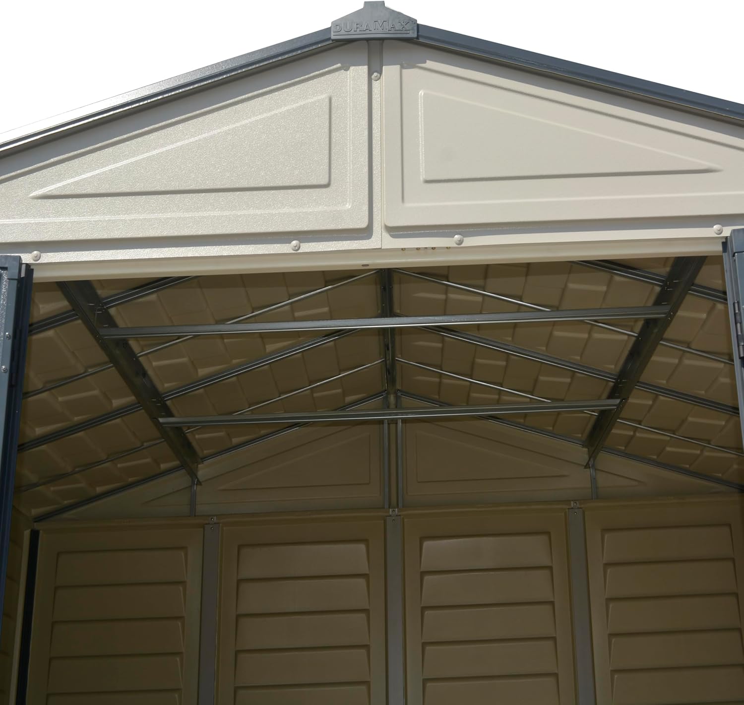 Duramax WoodBridge II PLUS 10.5 x 8 (8.02 m2) Plastic Garden Shed with Metal Foundation Kit and 2 Fixed Window, Strong Metal Roof Structure and Maintenance-Free Storage Shed, Dark Grey/Adobe