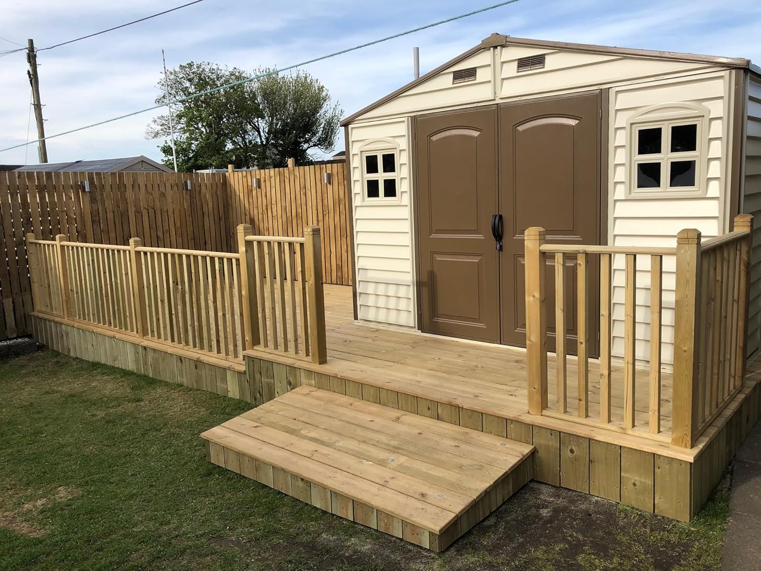 Duramax WoodSide 10 x 8 (8.02 m2) Plastic Garden Shed with 3 Fixed Windows & Metal Foundation Kit, Strong Metal Roof Structure Fire Retardant and Maintenance-Free Storage Shed - Ivory/Brown
