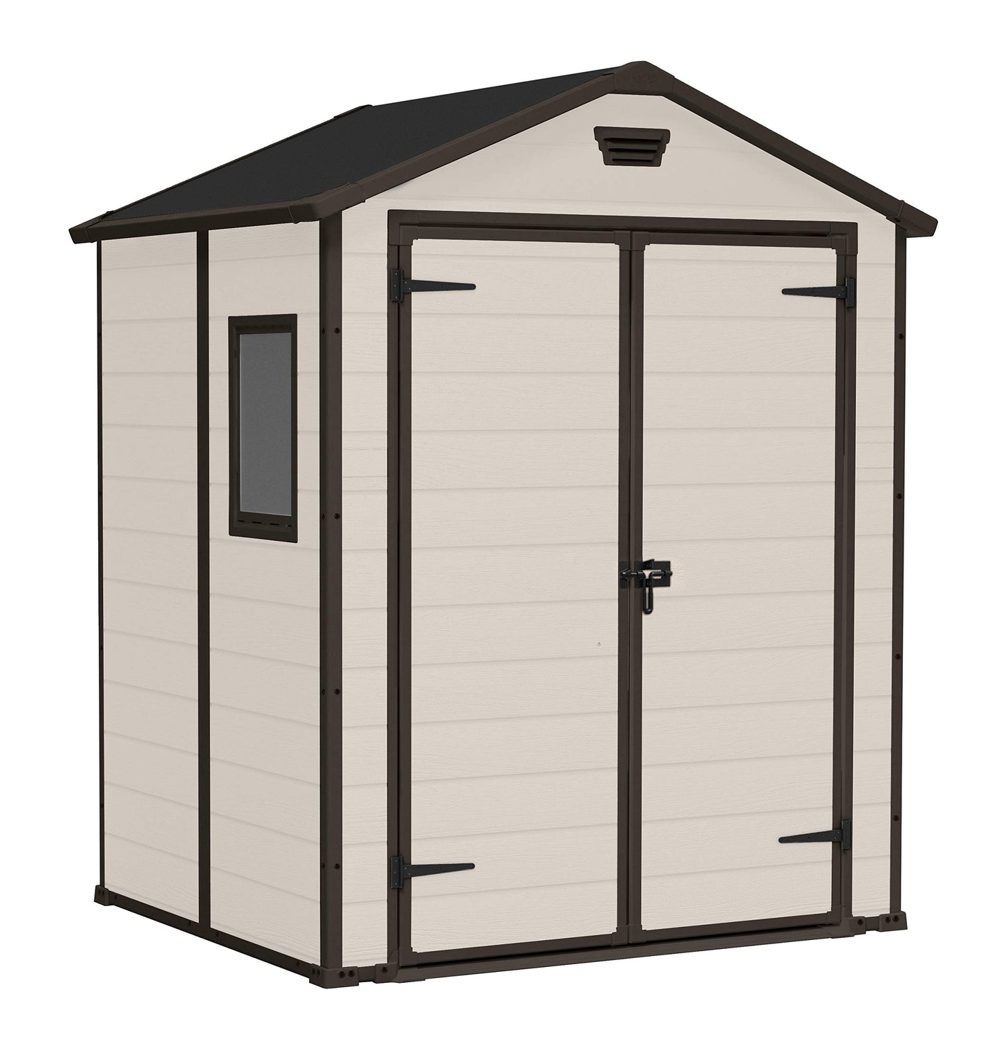 Keter Manor Outdoor Apex Double Door Garden Storage Shed 6 x 8ft Beige Brown Wood effect | Fade Free | All Weather Resistant | Safe and Secure | Zero Maintenance | 15 year Warranty