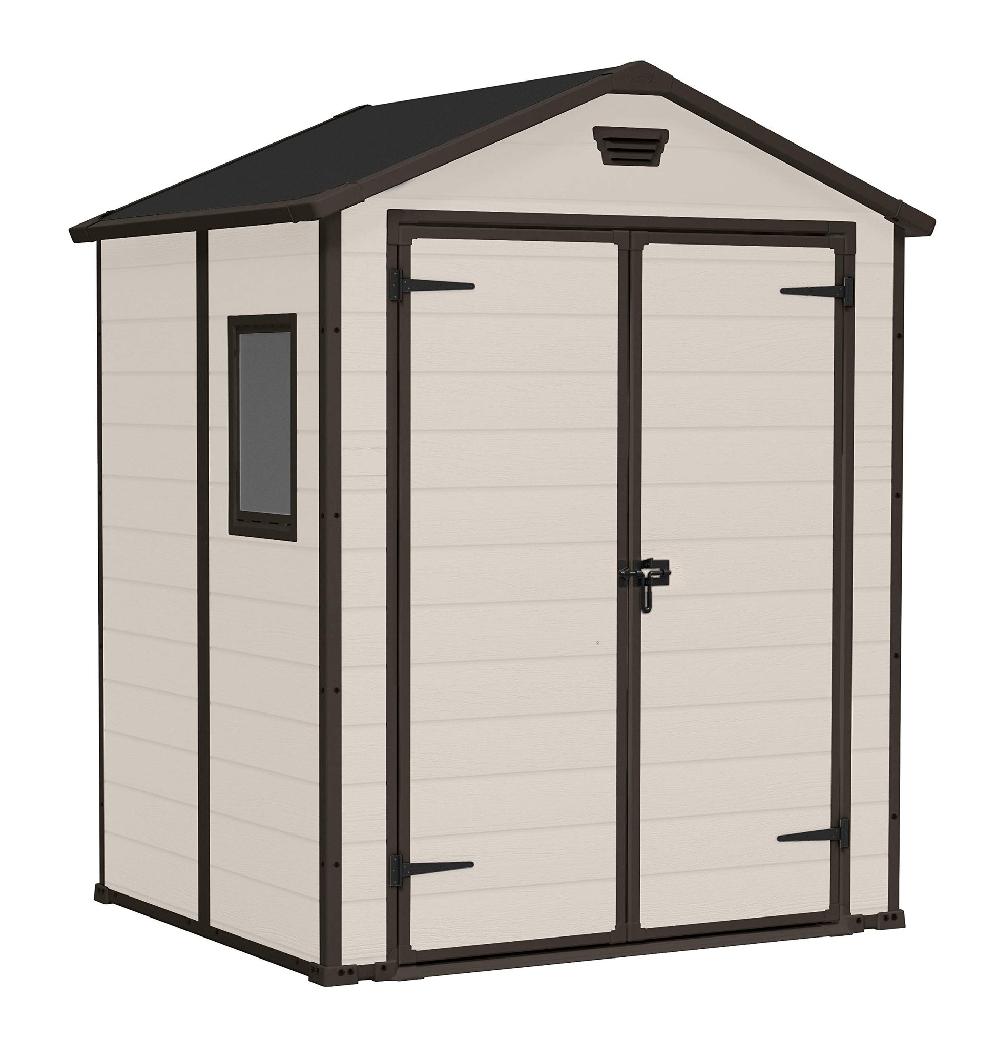 Keter Manor Outdoor Apex Double Door Garden Storage Shed 6 x 8ft Beige Brown Wood effect | Fade Free | All Weather Resistant | Safe and Secure | Zero Maintenance | 15 year Warranty
