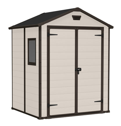 Keter Manor Outdoor Apex Double Door Garden Storage Shed 6 x 8ft Beige Brown Wood effect | Fade Free | All Weather Resistant | Safe and Secure | Zero Maintenance | 15 year Warranty