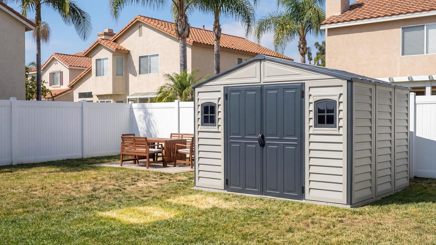 Duramax WoodBridge II PLUS 10.5 x 8 (8.02 m2) Plastic Garden Shed with Metal Foundation Kit and 2 Fixed Window, Strong Metal Roof Structure and Maintenance-Free Storage Shed, Dark Grey/Adobe