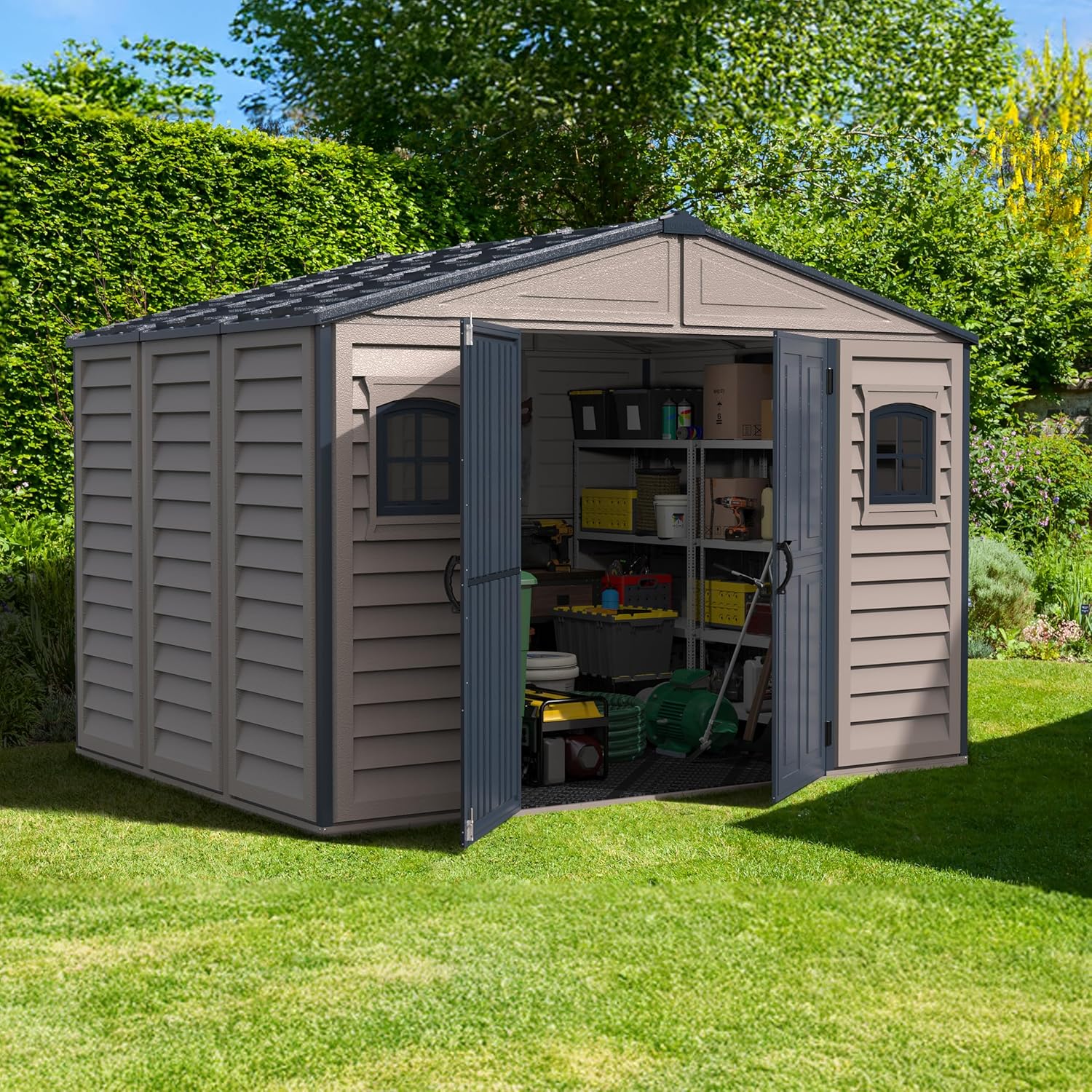 Duramax WoodBridge II PLUS 10.5 x 8 (8.02 m2) Plastic Garden Shed with Metal Foundation Kit and 2 Fixed Window, Strong Metal Roof Structure and Maintenance-Free Storage Shed, Dark Grey/Adobe