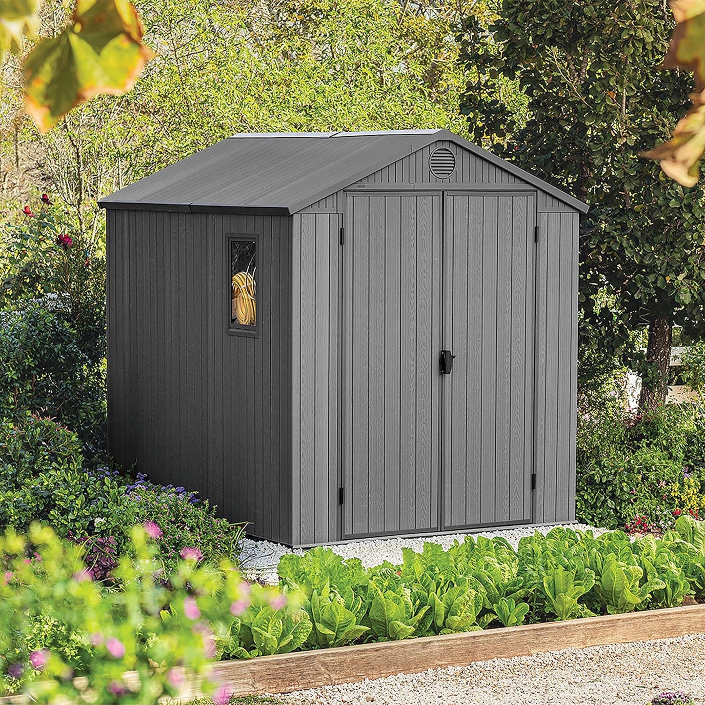 Keter Darwin Outdoor Apex Double Door Garden Storage Shed 6 x 8ft Grey Evotech+ Wood Look and Feel | Fade Free | All Weather Resistant | Safe and Secure | Zero Maintenance | 15 year Warranty