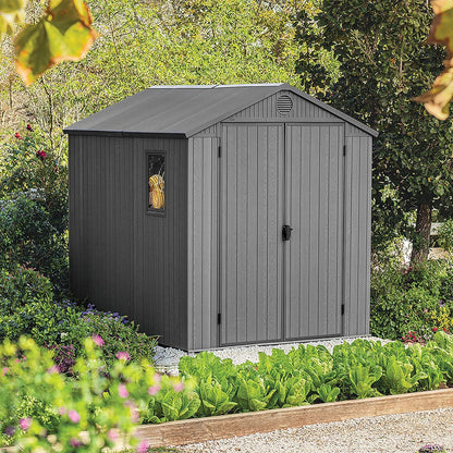 Keter Darwin Outdoor Apex Double Door Garden Storage Shed 6 x 8ft Grey Evotech+ Wood Look and Feel | Fade Free | All Weather Resistant | Safe and Secure | Zero Maintenance | 15 year Warranty